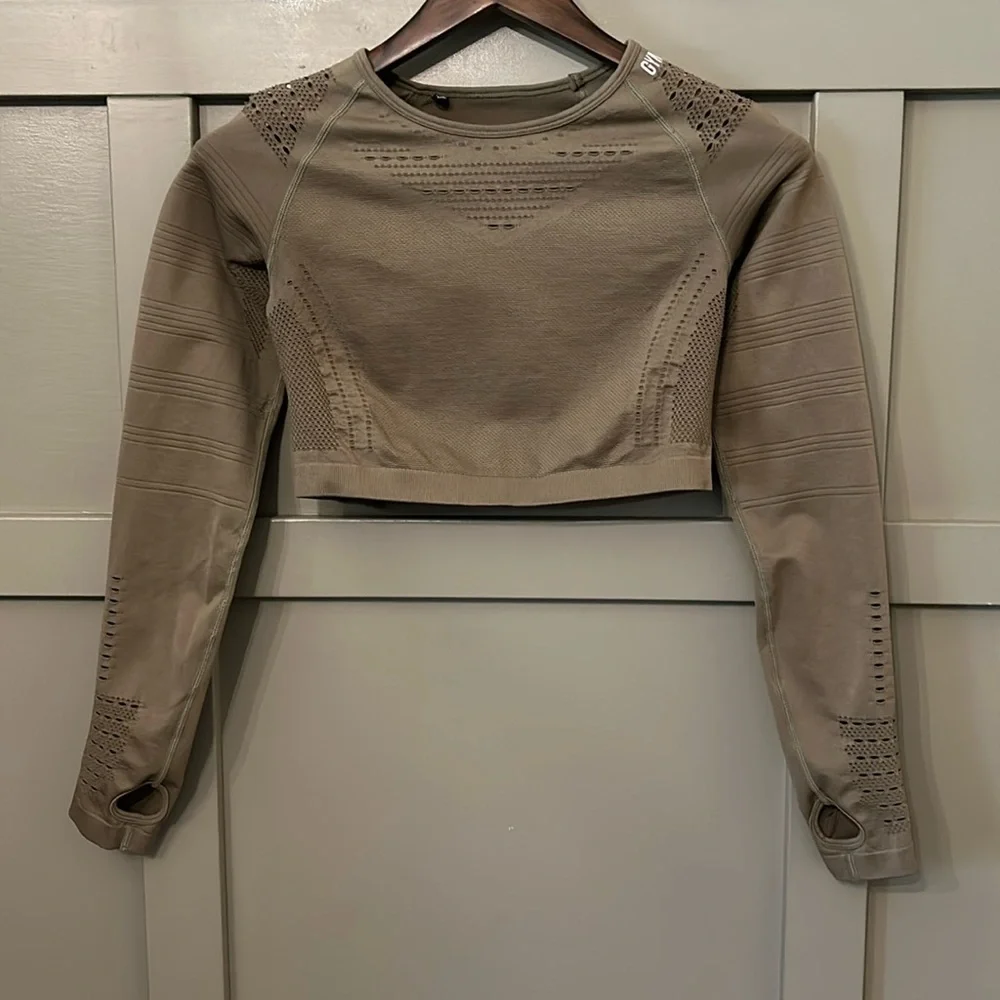 Gymshark Glow Long Sleeve Seamless Crop Top Olive Green Size Medium